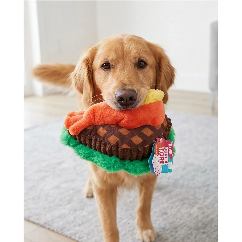Bark Box Borf N Turf Steak and Shrimp‎ Plush Dog Toy Squeaker Crinkle M-L NWT
